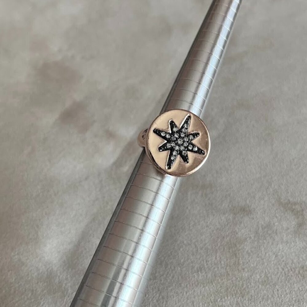 Rose Gold Pave 8 Point Starburst Stamp Fashion Costume Statement Ring